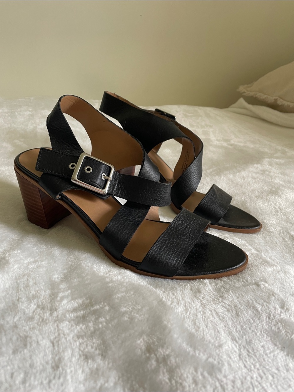 Franco Sarto Black Leather Strappy Block Heel Sandals